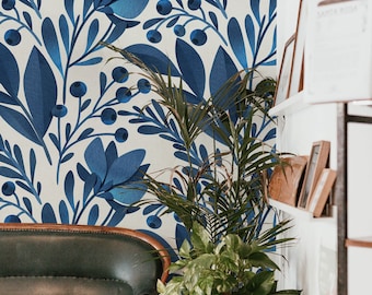 Blueberry Botanical Wallpaper Mural Peel and Stick, Self-Adhesive, Renter Friendly, Removable Roll, Accent Room Decor