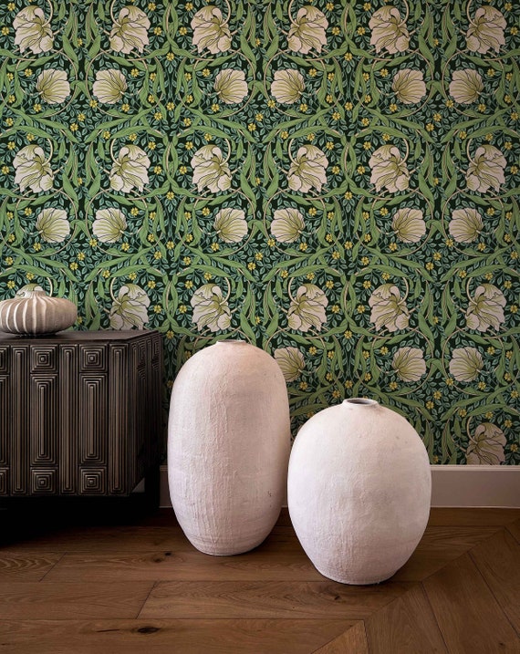 Green William Morris Wallpaper, Removable Floral Peel & Stick, Eco-Friendly Vintage Pimpernel Design, Self-Adhesive