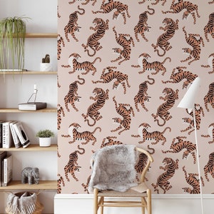 Boho Neutral Rose Tiger Wallpaper - Traditional or Peel & Stick Wallpaper - Animal Print - Classic Design - Colour edits available