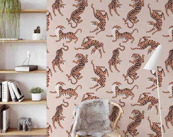 Boho Neutral Rose Tiger Wallpaper - Traditional or Peel & Stick Wallpaper - Animal Print - Classic Design - Colour edits available