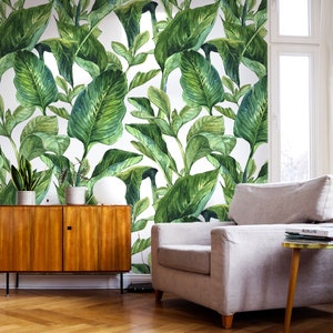 Watercolor Tropical Leafes | Peel and Stick Wallpaper | Removable Wallpaper | Wall Decor | Home Decor | Wall Art | Wall Prints