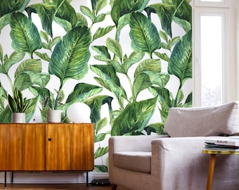 Peel and Stick Wallpaper - Watercolor Tropical Leaf, Self - Adhesive, Renter Friendly, Removable Roll, Accent Room Decor