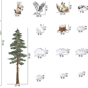 May include: A set of 15 watercolor illustrations featuring woodland animals, trees, and clouds. The illustrations are perfect for creating a whimsical and nature-inspired design. The set includes a tall pine tree, a smaller pine tree, a white owl, a squirrel, a fox, a weasel, a lynx, a rabbit, a tree stump, and several clouds.