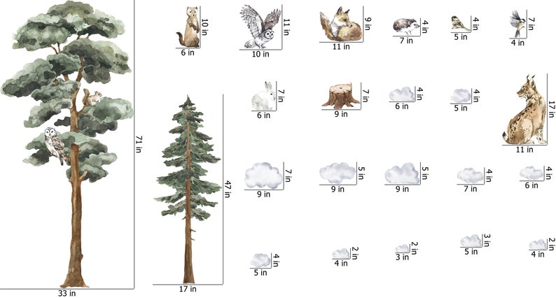 May include: A set of 15 watercolor illustrations featuring woodland animals, trees, and clouds. The illustrations are perfect for creating a whimsical and nature-inspired design. The set includes a tall pine tree, a smaller pine tree, a white owl, a squirrel, a fox, a weasel, a lynx, a rabbit, a tree stump, and several clouds.