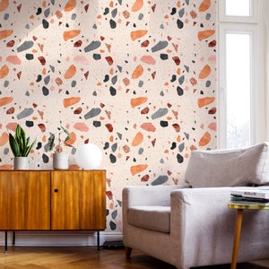Coral Terrazzo Wallpaper / Coastal Style Traditional or Removable Wallpaper / Modern Pink Wall Decor