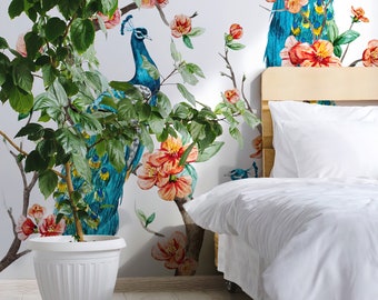 Blossom Peacock Wallpaper Mural Peel and Stick, Self-Adhesive, Renter Friendly, Removable Roll, Accent Room Decor