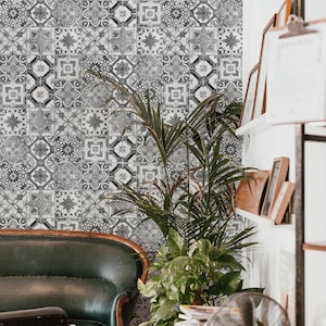 Monochrome spanische Fliesen, abnehmbare Tapete, Fliesenschale und Stick oder traditionelles Material