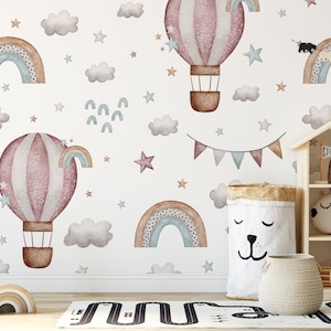 Aquarell Heißluftballon Wallpaper | Kinderzimmer Wandbild Schälen und Aufkleben | Abnehmbare Babywandkunst, selbstklebendes Design