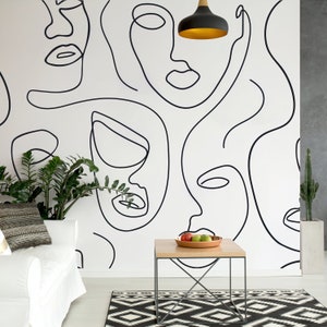 Removable Wallpaper Peel and Stick Wallpaper Wall Paper Wall Mural - Black and White Abstract Face Line Art