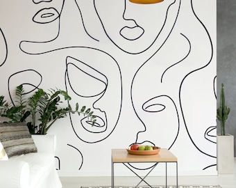 Black and White Abstract Face Line Art Design - Available in either Peel & Stick or Traditional Wallpaper Wall Paper Wall Mural