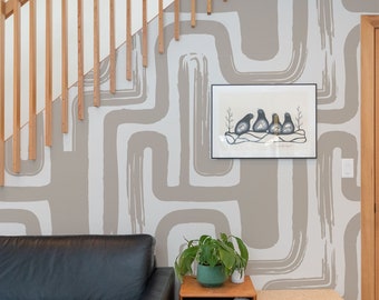 Abstract Labyrinth Wallpaper Hazelnut White Brush Strokes Peel and Stick, Self-Adhesive, Renter Friendly, Removable Roll