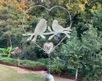 Joyous Wind Chime, 33 Inch elegant patina Birds & Hearts Handmade Wind Chime, The sound can create a sense of peace, relaxation for garden