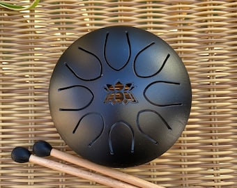 Steel Tongue Drum ~ 5 Inch 8 Note Hand Crafted Hand-Pan Percussion instrument Tank Drum, Sounds Healing Meditation Drum With Mallets & Bag