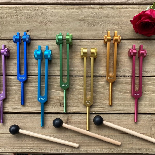 Sound Healing Colored Tuning Fork Set 7 Chakra + 1 Soul Purpose Weighted Healing, Individually Marked Chakra with Individually Striker &Case