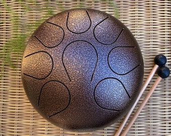 Carbon Steel Tongue Drum ~ 9 Inch 8 Note Hand Crafted Hand-Pan Percussion instrument Tank Drum, Sounds Healing Meditation Drum With Bag