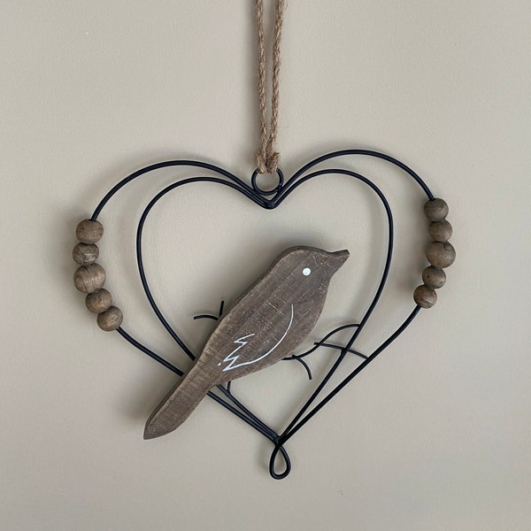 Bird Metal Wall Decor, Wooden Bird in Metal Heart. Art Design, Wall Decor and Front Door Decor