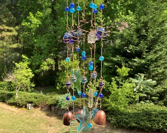 Vrolijke windgong, 25 inch Blauw glas Mooie windgong, het geluid kan een gevoel van rust en ontspanning creëren in uw huis en tuin