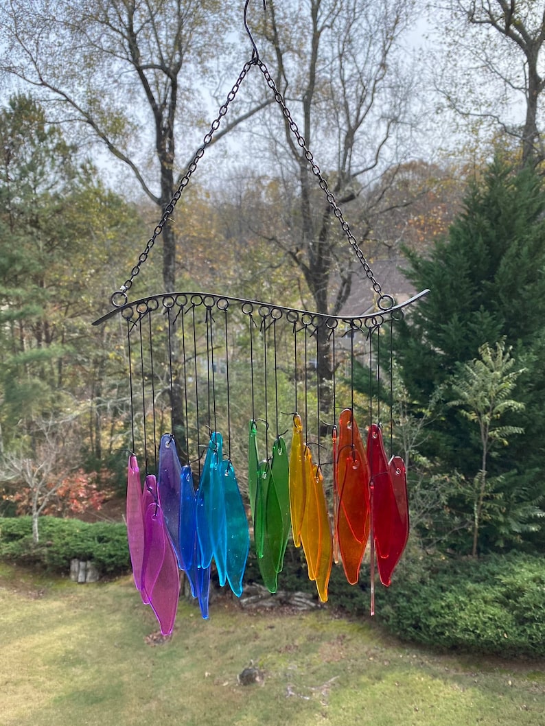 Joyous Wind chimes, 20 inch Rainbow Glass Handmade Wind Chimes, The sound can create a sense of peace, relaxation and beautiful garden art image 3