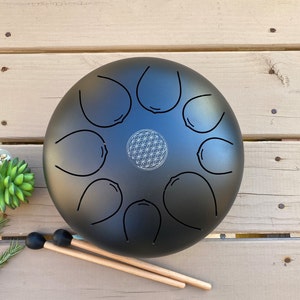 Steel Tongue Drum ~ 12 Inch 8 Note Hand Crafted Hand-Pan Percussion instrument Tank Drum, Sounds Healing Meditation Drum With Mallets Bag
