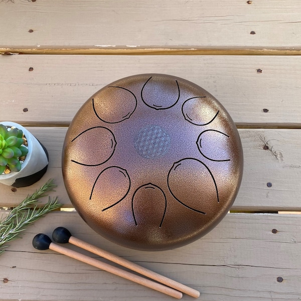 Steel Tongue Drum ~ 10 Inch 8 Note Hand Crafted Hand-Pan Percussion instrument Tank Drum, Sounds Healing Meditation Drum With Bag