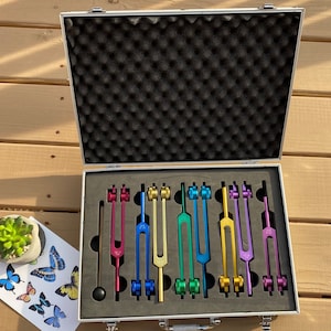 Sound Healing Colored Tuning Fork Set 7 Chakra + 1 Soul Purpose Weighted Healing, Individually Marked Chakra with Striker and Portable Case