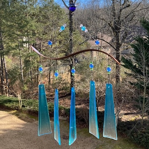 Joyous Wind chimes, 19 inch Light Blue Glass Handmade Wind Chime, The sound can create a sense of peace, relaxation and beautiful garden art