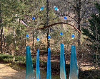Joyous Wind chimes, 19 inch Light Blue Glass Handmade Wind Chime, The sound can create a sense of peace, relaxation and beautiful garden art