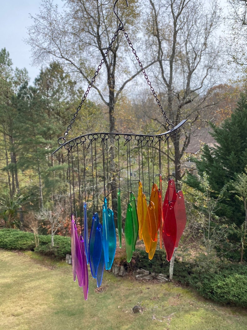 Joyous Wind chimes, 20 inch Rainbow Glass Handmade Wind Chimes, The sound can create a sense of peace, relaxation and beautiful garden art image 2