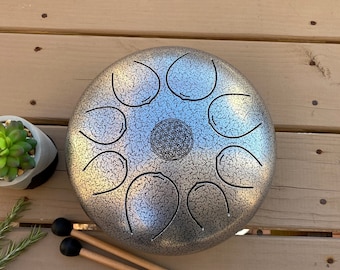 Steel Tongue Drum ~ 12 Inch 8 Note Hand Crafted Hand-Pan Percussion instrument Tank Drum, Sounds Healing Meditation Drum With Mallets Bag