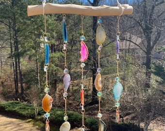 Joyous Wind chimes, 29 inch Agate Slice Crystal Wind Chime, Crystal Prism Suncatcher. It Is Perfect for Hanging Wall, Sunroom and Patio