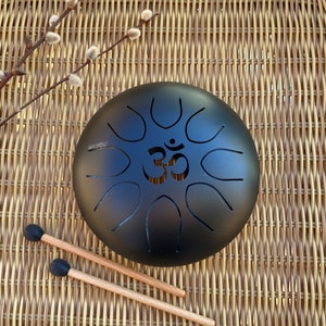Steel Tongue Drum ~ 7 Inch 8 Note Hand Crafted OM Design HandPan Percussion instrument Tank Drum, Sounds Healing Meditation Drum With Bag