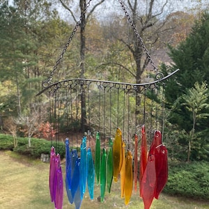 Joyous Wind chimes, 20 inch Rainbow Glass Handmade Wind Chimes, The sound can create a sense of peace, relaxation and beautiful garden art image 1