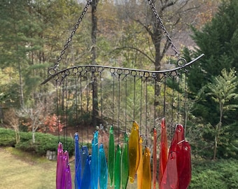 Joyous Wind chimes, 20 inch Rainbow Glass Handmade Wind Chimes, The sound can create a sense of peace, relaxation and beautiful garden art