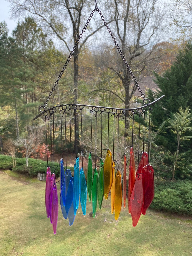 Joyous Wind chimes, 20 inch Rainbow Glass Handmade Wind Chimes, The sound can create a sense of peace, relaxation and beautiful garden art image 1