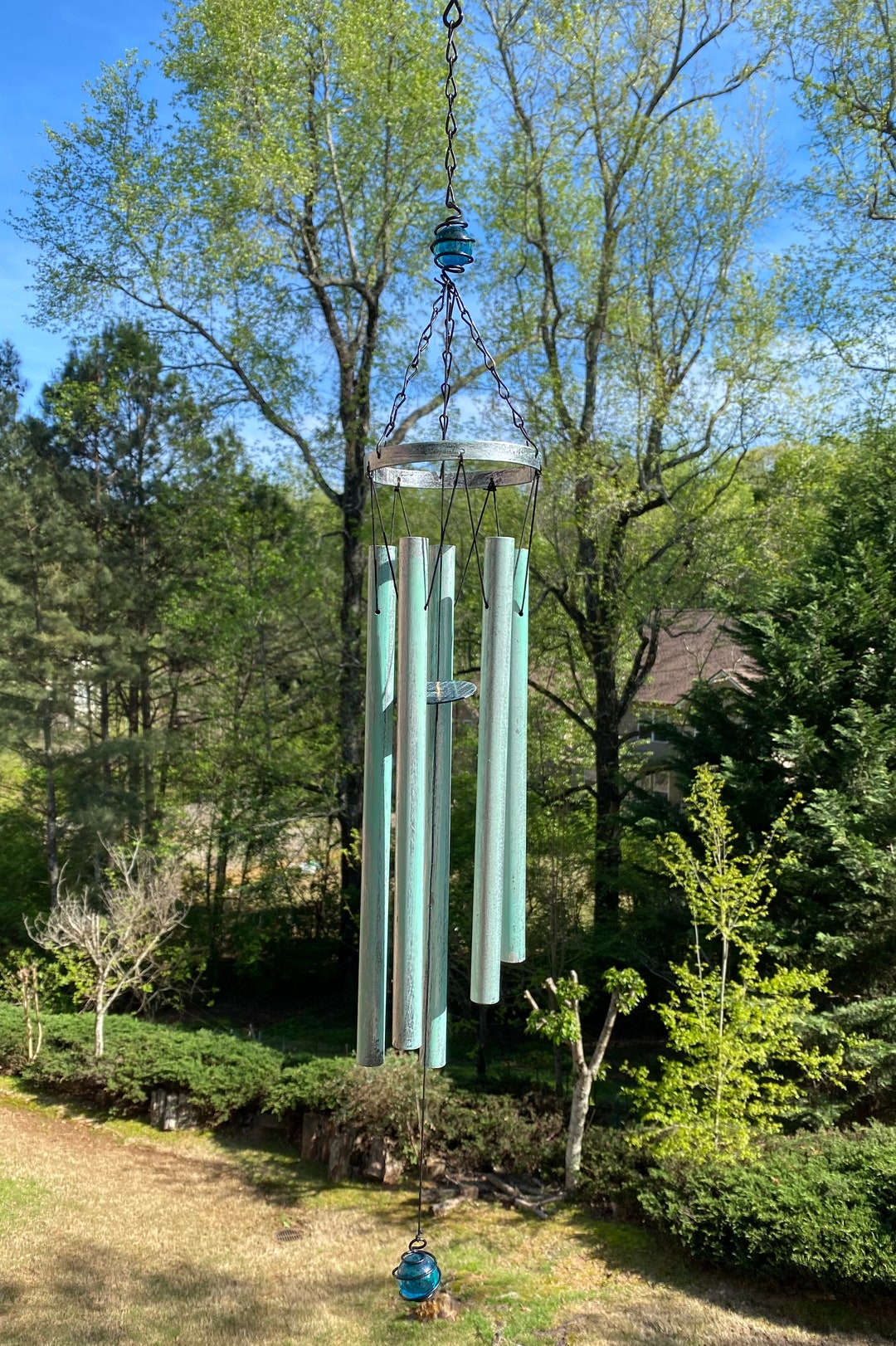 Joyous Wind Chimes, 31 Inch Deep Tone Turquoise Metal Windchime. the