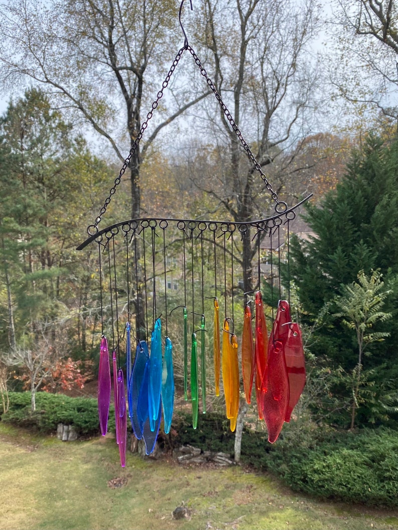 Joyous Wind chimes, 20 inch Rainbow Glass Handmade Wind Chimes, The sound can create a sense of peace, relaxation and beautiful garden art image 4