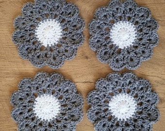 Retro dark grey and white coasters/mats, set of 4, handmade, modern mono flower