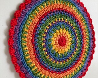 Crocheted Rainbow Coloured Round Doily or Mandala