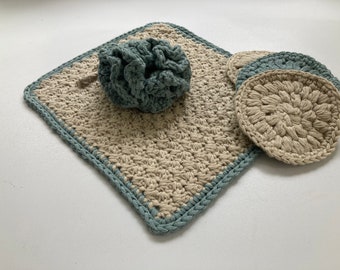 New Handmade Facecloth,  3 matching scrubbies plus Bath puff  in 100% Cotton Yarn