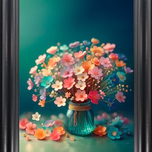 Puede incluir: Una obra de arte enmarcada con un vibrante ramo de flores coloridas en un jarrón de cristal. Las flores, en tonos rosa, naranja, azul y blanco, están dispuestas sobre un fondo turquesa. El jarrón está atado con cuerda, y algunas flores están esparcidas debajo.