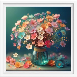 Puede incluir: Un vibrante ramo de flores coloridas en un jarrón de vidrio transparente atado con hilo. Las flores son en tonos de rosa, naranja, azul y blanco, creando un arreglo alegre y llamativo. El fondo es un degradado de verde azulado y azul.