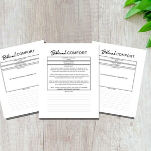 Może przedstawiać: Trzy strony do wydrukowania z tytułem "Biblical Comfort" w czarnym kolorze. Każda strona zawiera sekcję "Currently Feeling", "Helpful Verse", "Commentary" i "Reflection".