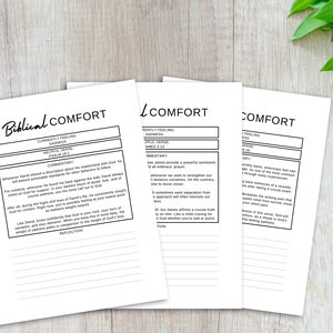 May include: Three printable worksheets with the title "Biblical Comfort" and "Comfort" in black text. Each worksheet has a section for "Currently Feeling", "Helpful Verse", "Commentary", and "Reflection".