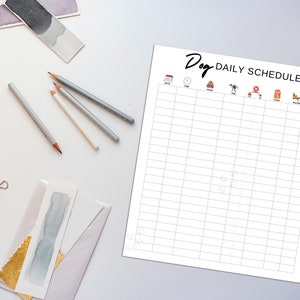 May include: A printable dog daily schedule checklist with icons for feeding, walking, playing, training, and other activities. The checklist is on a white background with a black heading that says "Dog Daily Schedule".