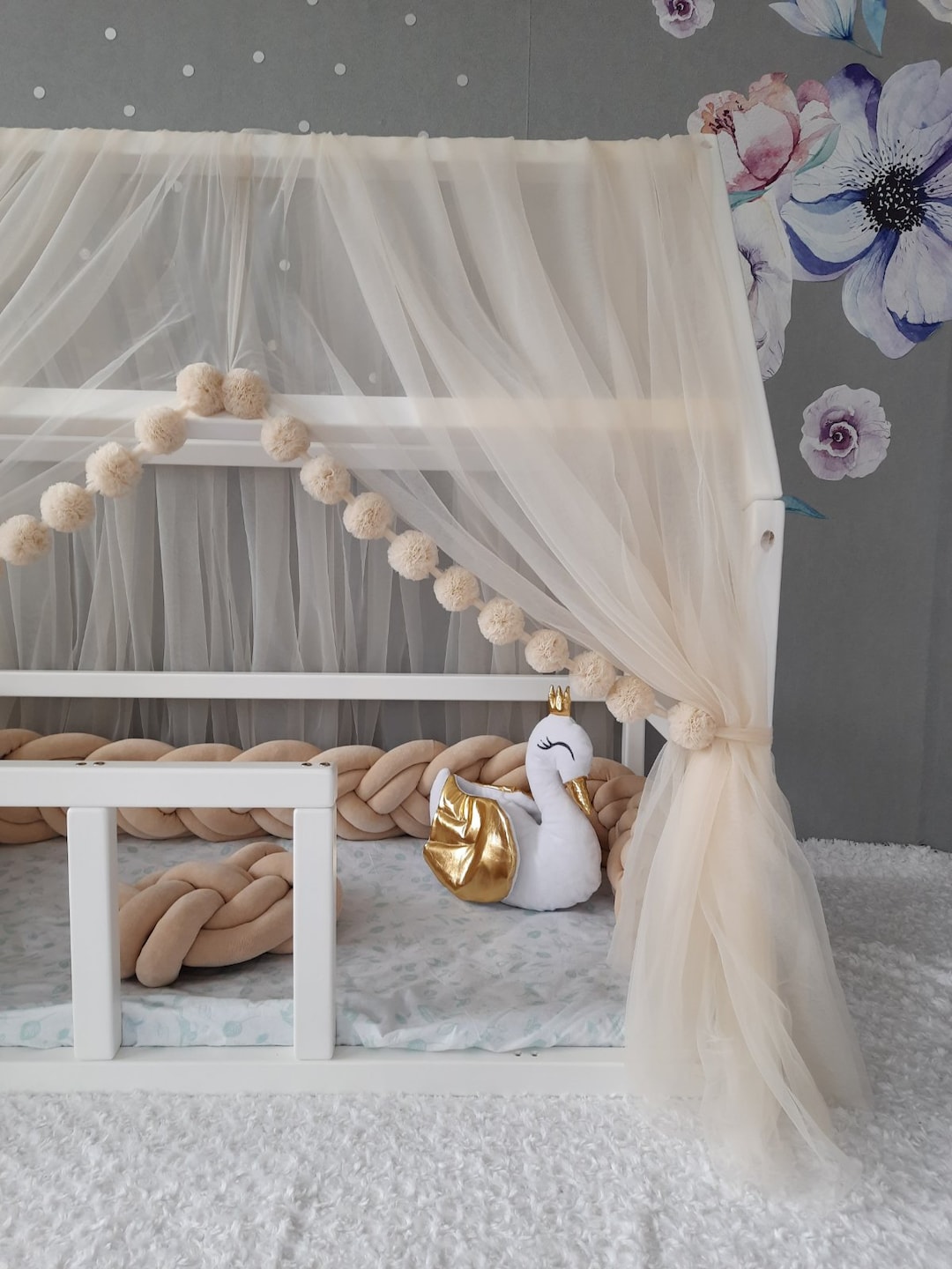 Montessori Canopy With Pom Poms for Nursery. Crib Tulle Canopy. Etsy