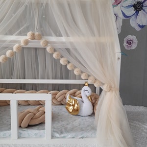 Montessori canopy with pom poms for  nursery. Crib tulle  canopy.