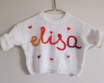 Custom Baby Name Sweater. Hand Embriodery chunky sweater. Leaf design.