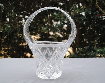 Vintage Clear Lead Crystal Diamond Pattern Basket with Handle