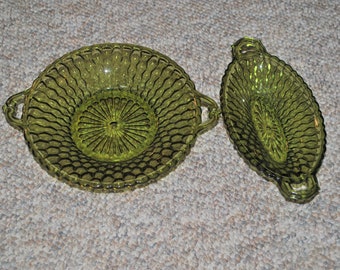 Vintage Indiana Glass Co. 2-pc. Pickle and Relish Dish Set Honeycomb pattern Olive - Forest Green