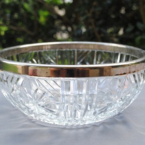 Vintage Crystal Clear Cut Glass Bowl With Silver Rim